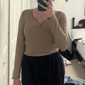 American Eagle Brown and White Striped Long Sleeve